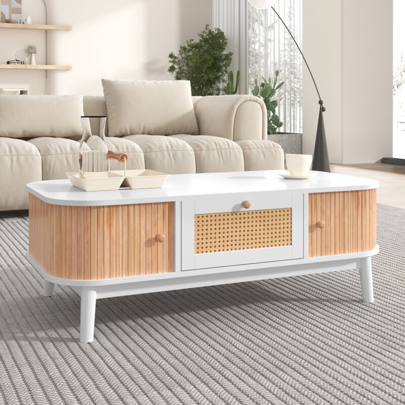 immagine 0 del prodotto tavolini da salotto 110 x 55 x 38,5 cm design con ante scorrevoli e 1 cassetto in rattan, particelle, carico 50 kg, bianco