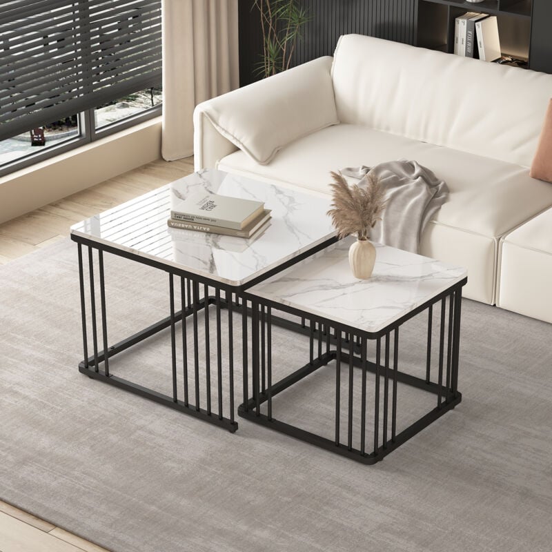 foto del prodotto tavolini da salotto 2 in 1, 60x60x45 45x45x40cm, impiallacciatura in marmo lucido, gambe regolabili in altezza, bianco nero b