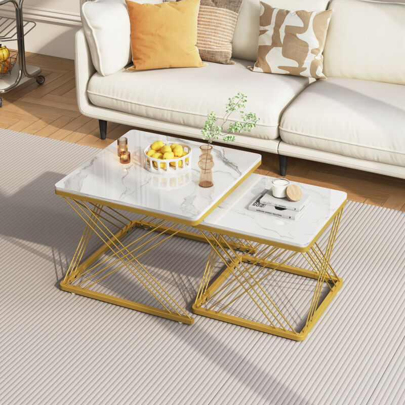 foto del prodotto tavolini da salotto 2 in 1, 60x60x45 45x45x40cm, impiallacciatura in marmo lucido, gambe regolabili in altezza, bianco oro