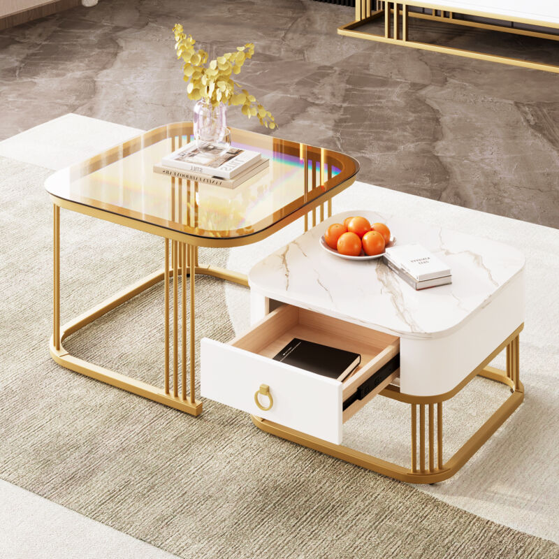foto del prodotto tavolini da salotto 2 in 1, effetto marmo lucido, con cassetto, finiture dorate, bianco b