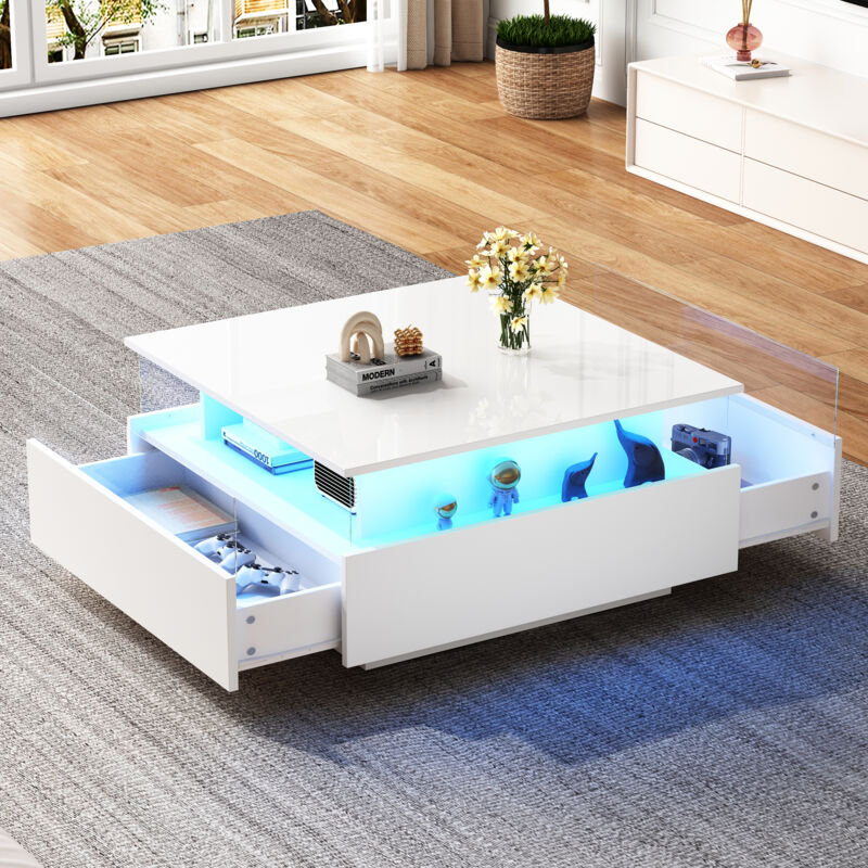 foto del prodotto tavolini da salotto 70x70x41 cm, con 2 cassetti e superficie espositiva trasparente, portata 30 kg, led, bianco