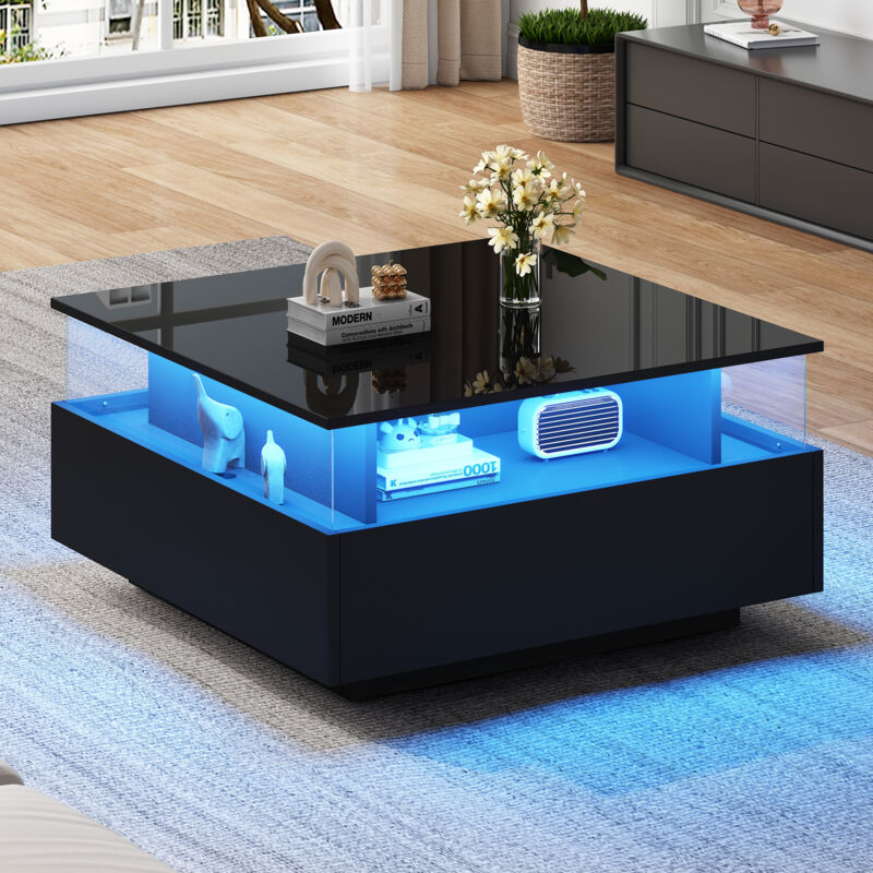 foto del prodotto tavolini da salotto 70x70x41 cm, con 2 cassetti e superficie espositiva trasparente, portata 30 kg, led, nero