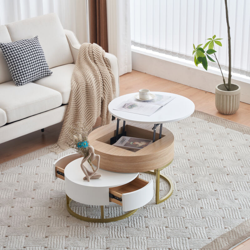 foto del prodotto tavolini da salotto impilabile 2 in 1, 70x70x42 56,5 60x60x24cm, tavolino laterale con 2 cassetti, colore bianco naturale