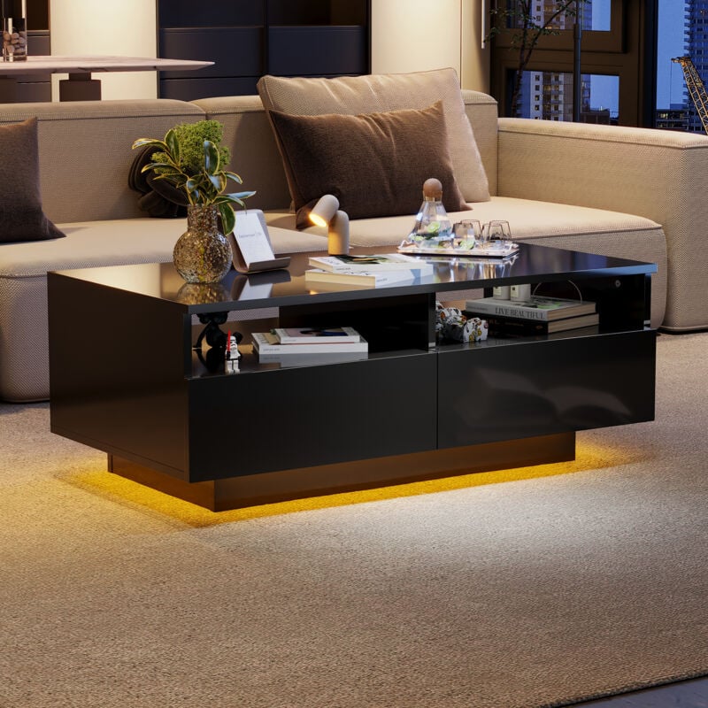 foto del prodotto tavolini da salotto led lucido 90x50x35cm, 2 cassetti, tavolino laterale, luce led a 16 colori, soggiorno camera da letto, nero