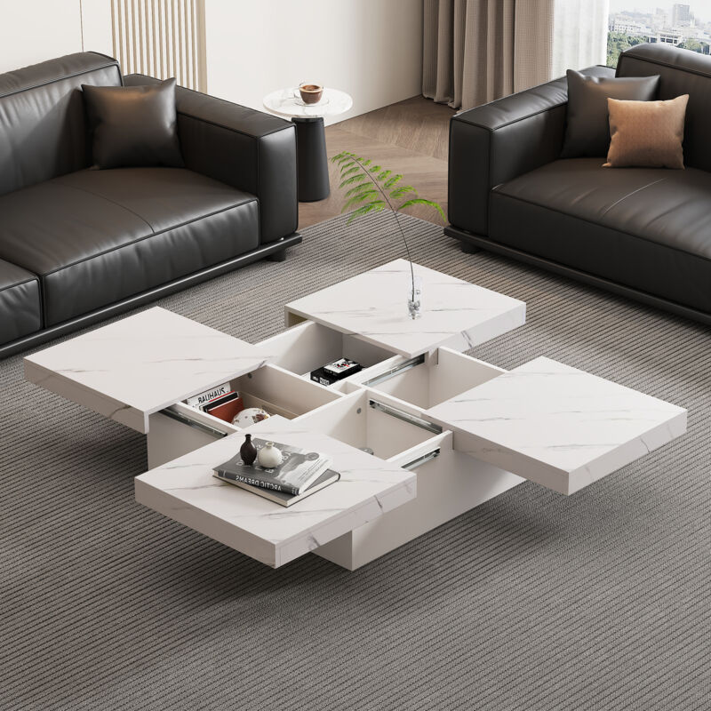 foto del prodotto tavolini da salotto moderno quadrato 90 x 90 x 25 cm con piano scorrevole e 4 cassetti, effetto marmo, portata 30 kg, bianco