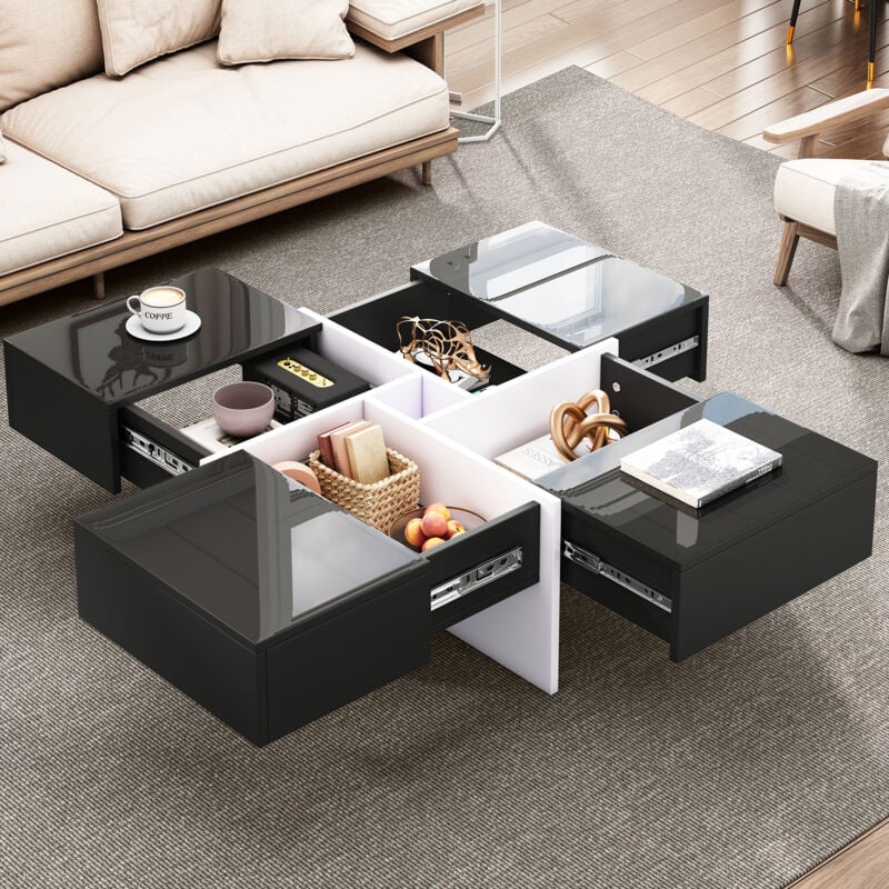 foto del prodotto tavolini da salotto quadrato lucido 70x70x35 cm, contenitore integrato e 4 cassetti, portata massima 30 kg, nero