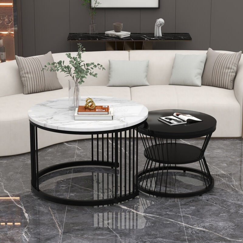 foto del prodotto tavolini da salotto set di 2 70x70x45cm, tavolini laterali, struttura in metallo con impiallacciatura in marmo bianco nero