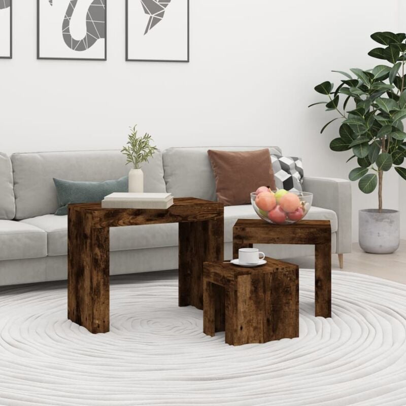 foto del prodotto tavolini impilabili 3 pz rovere fumo in legno multistrato vidaxl