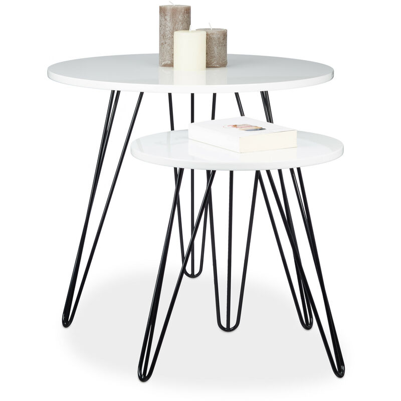 foto del prodotto tavolini in set da 2, da salotto, legno e metallo, hxd 52x60 cm, da divano, soggiorno, lucido, rotondo, bianco relaxdays