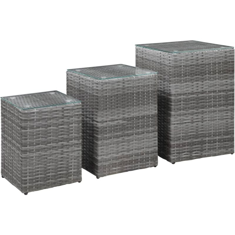 foto del prodotto tavolini laterale da giardino set 3 pz con piano in vetro in polyrattan vari colori colore grigio