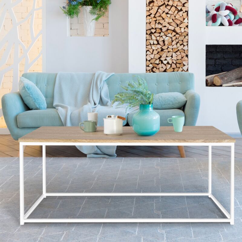 foto del prodotto tavolino 113 cm legno e metallo bianco, design industriale detroit