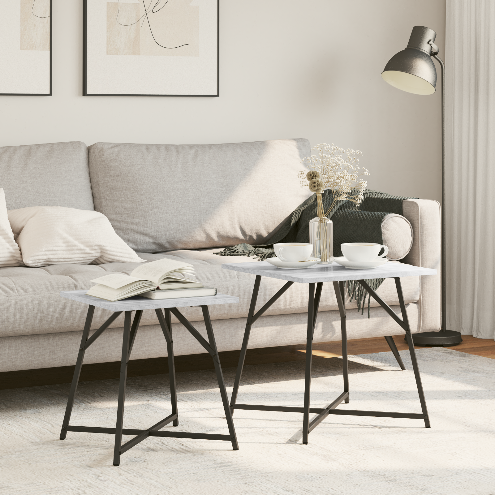 foto del prodotto tavolino 2 pz grigio sonoma in legno ingegnerizzato e metallo