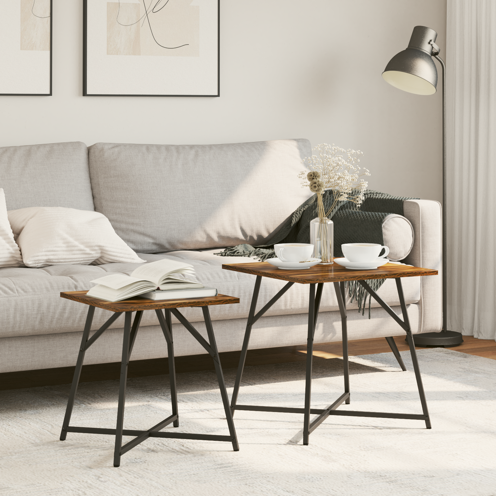 foto del prodotto tavolino 2 pz rovere affumicato in legno ingegnerizzato e metallo