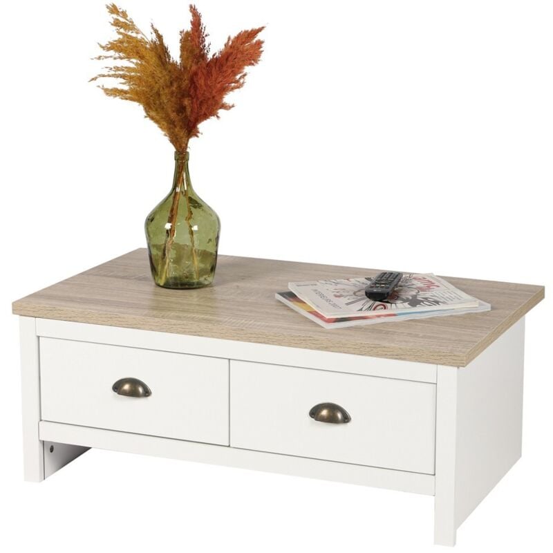 foto del prodotto tavolino basso con 2 cassetti stile coloniale 90x53xh36 cm, colore bianco e piano in rovere chiaro collezione madera