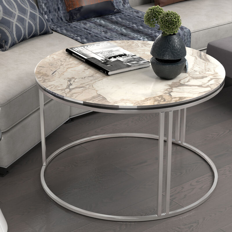 foto del prodotto tavolino basso da caff 39 aulum 39 piano rotondo effetto marmo bianco argentato en.casa 