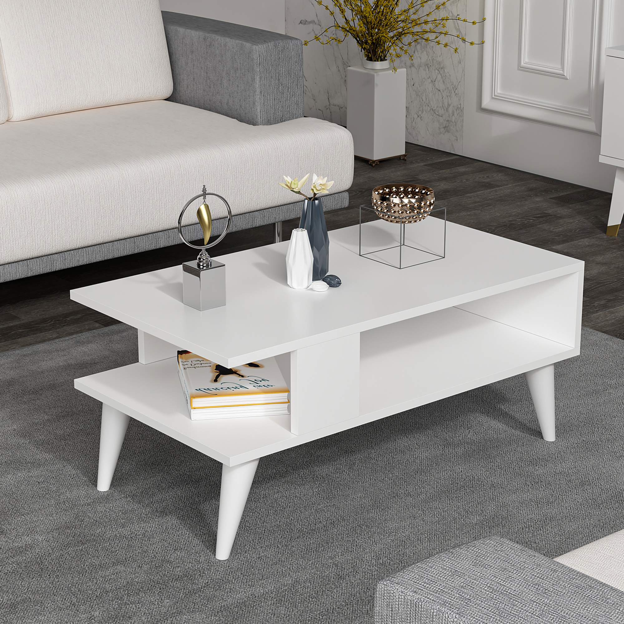 foto del prodotto tavolino basso da divano 39 lycksele 39 con scomparto semiaperto e 4 piedini bianco en.casa 