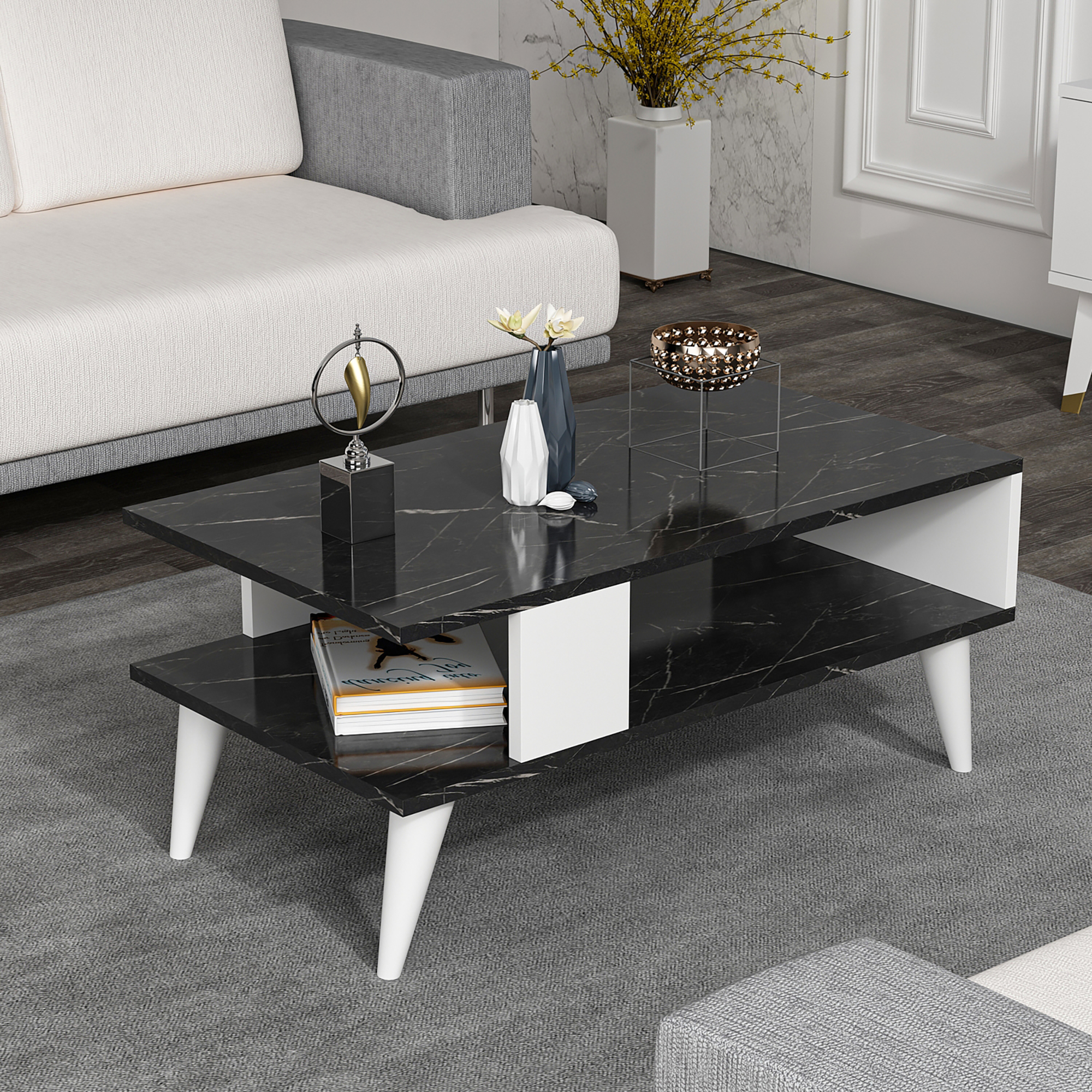 foto del prodotto tavolino basso da divano 39 lycksele 39 con scomparto semiaperto e 4 piedini effetto marmo nero bianco en.casa 