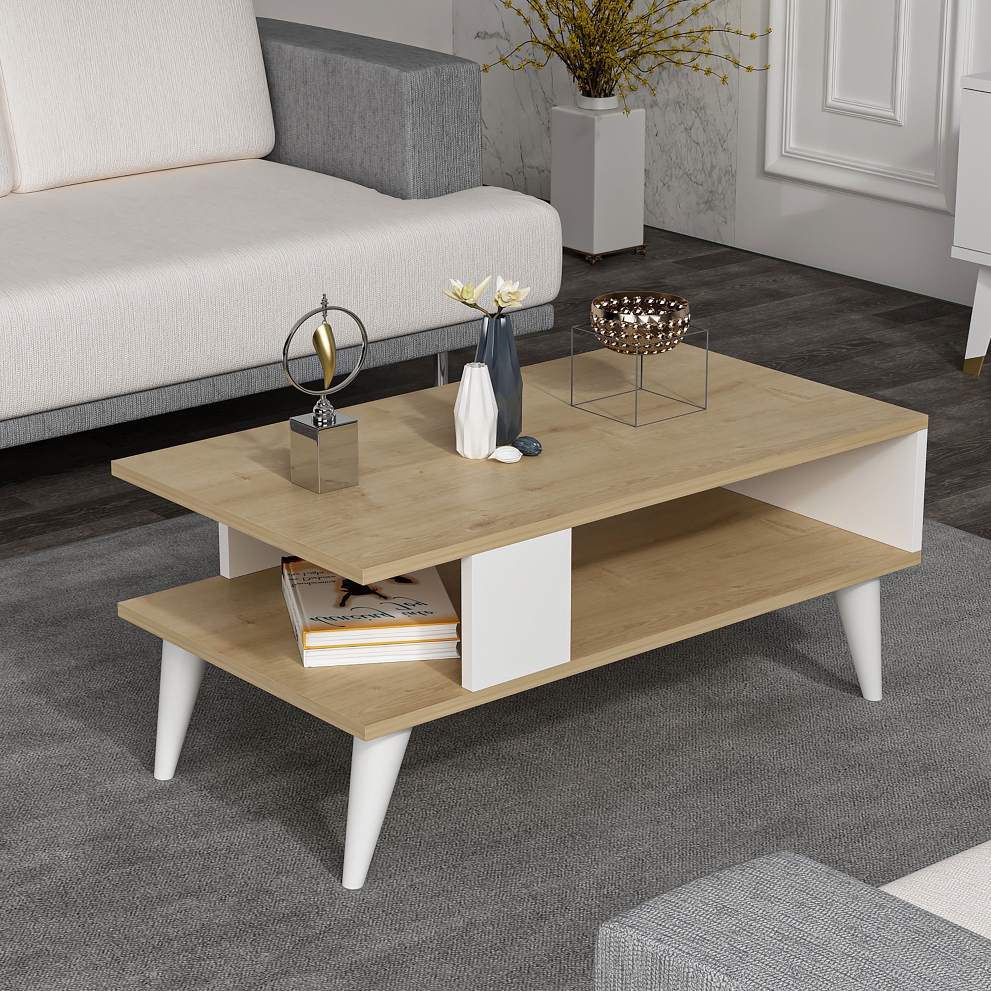 foto del prodotto tavolino basso da divano 39 lycksele 39 con scomparto semiaperto e 4 piedini effetto rovere bianco en.casa 