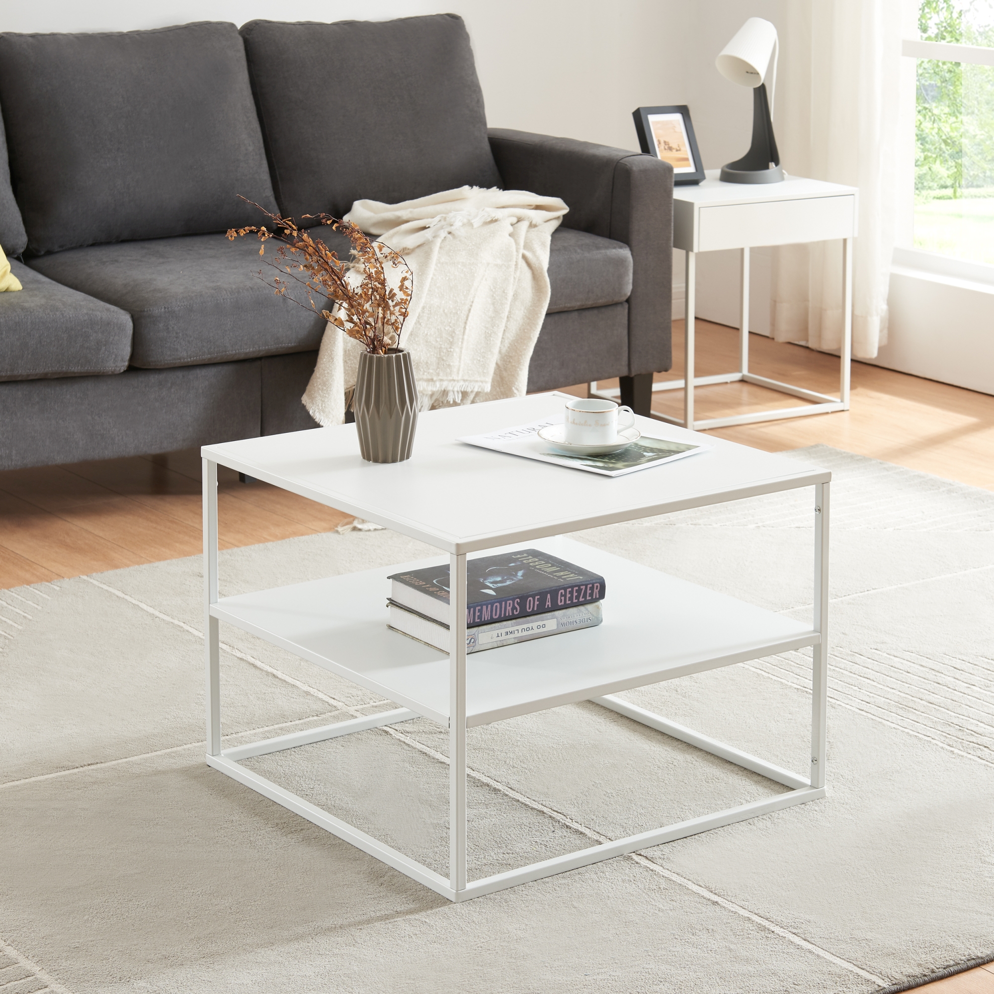 foto del prodotto tavolino basso da soggiorno solund a 2 piani di appoggio 60x60x45 cm bianco opaco en.casa 