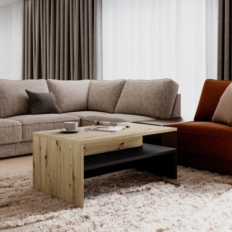 foto del prodotto tavolino basso ramos design in rovere e nero opaco super piano con vano portaoggetti integrato 100x60 cm