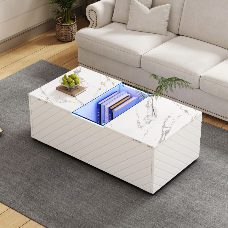 foto del prodotto tavolino bianco 100x50x35 cm aspetto marmo, illuminazione a led, elemento in vetro e 2 cassetti portata fino a 20 kg, design moderno