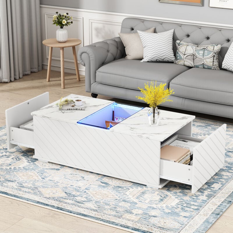 foto del prodotto tavolino bianco 100x50x35cm, 2 cassetti, illuminazione a led, impiallacciatura in marmo, con elementi in vetro