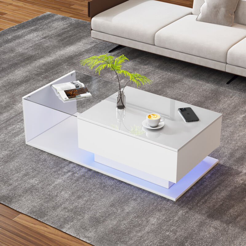 foto del prodotto tavolino bianco lucido 100x50x32 cm con piano e cassetti in vetro, antigraffio, con 1 cassetto, con illuminazione a led, stile moderno
