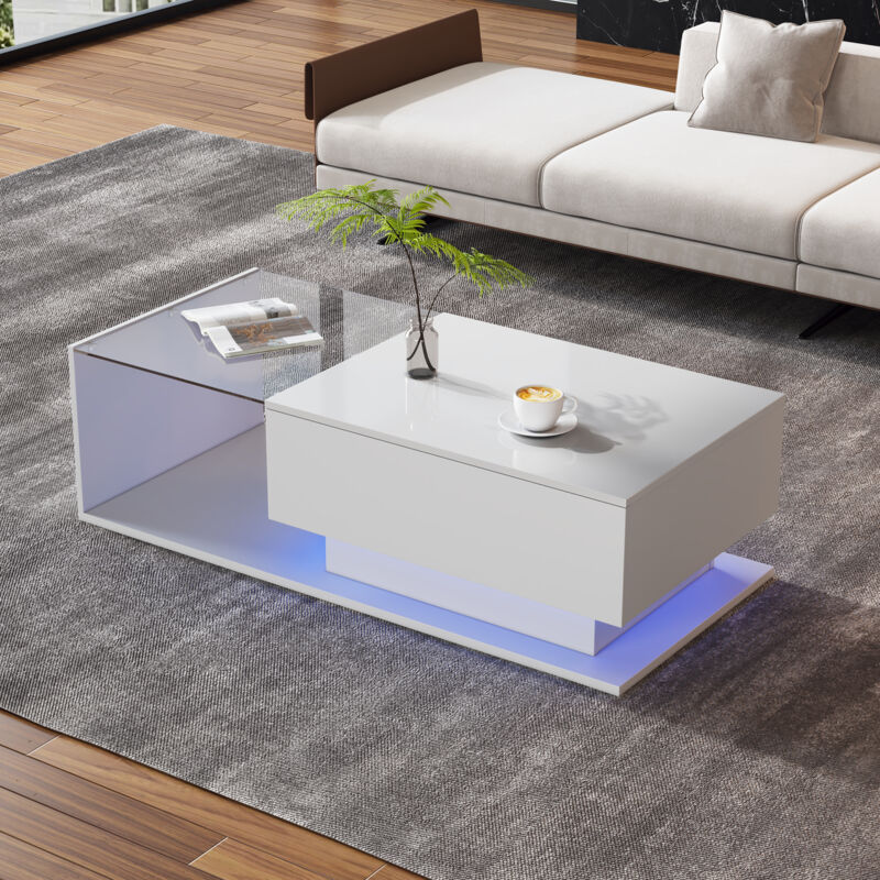 foto del prodotto tavolino bianco lucido con led, piano in vetro e cassetti, antigraffio, 100 x 50 x 32 cm