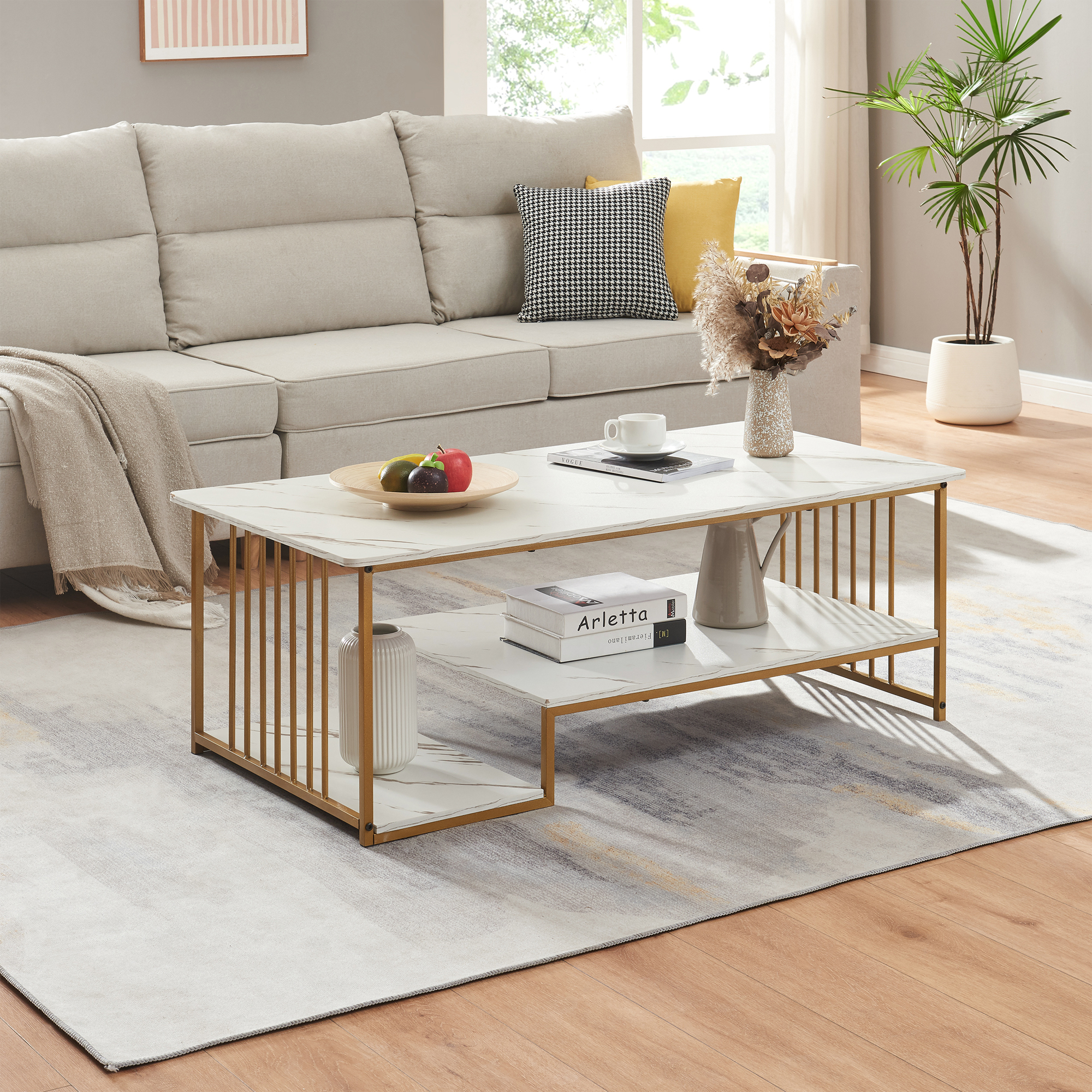foto del prodotto tavolino centrale da salotto klibro 120x60x42 cm effetto marmo bianco dorato en.casa 
