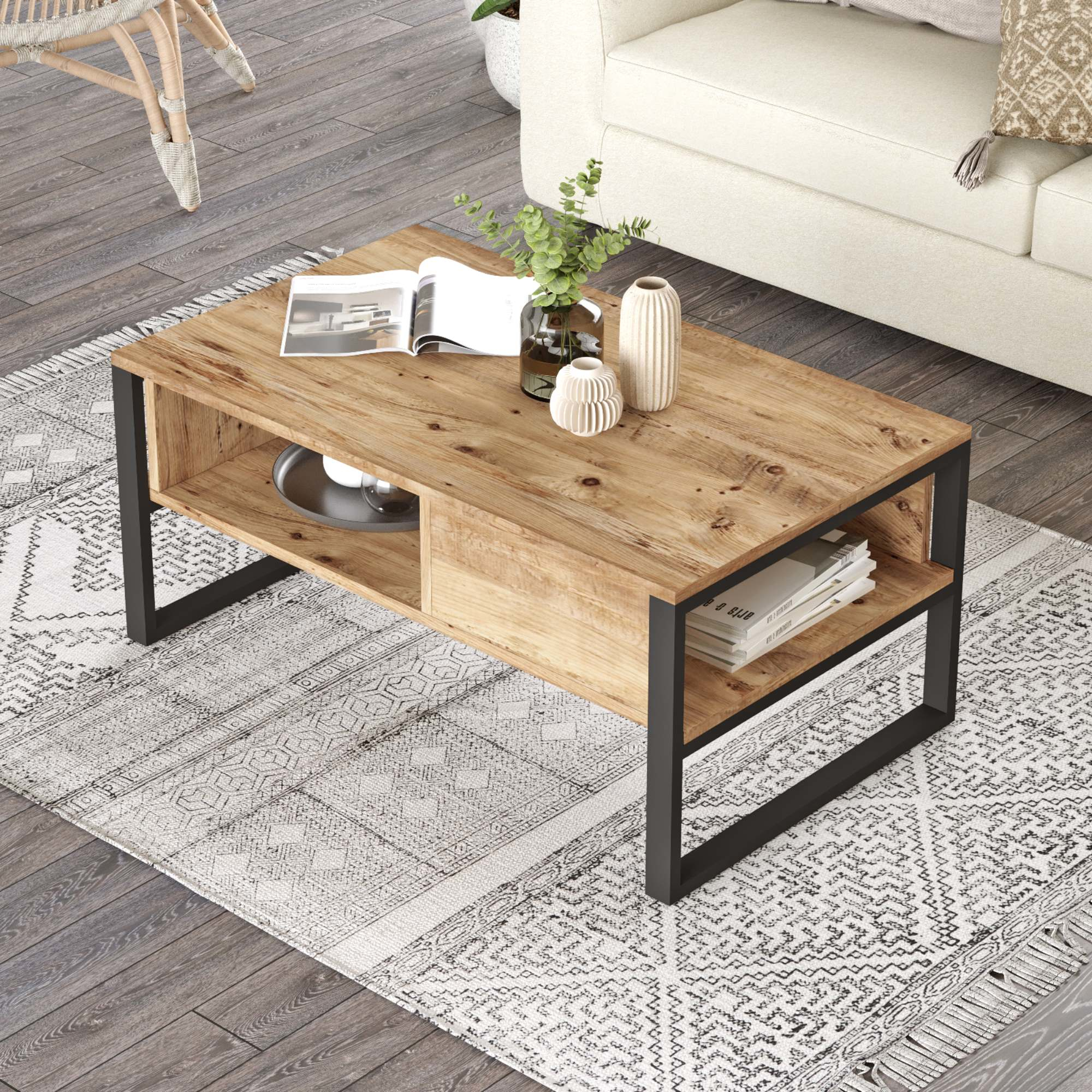 foto del prodotto tavolino centrale da salotto laukaa con scomparti 45 x 100 x 60 cm rovere rustico nero en.casa 
