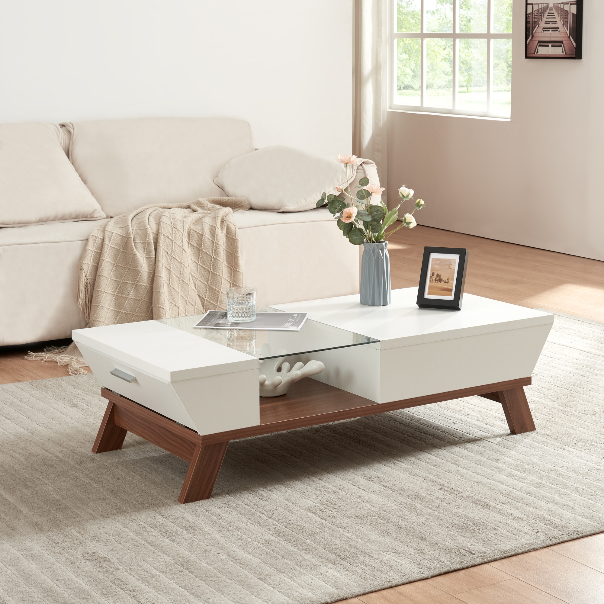 foto del prodotto tavolino centrale da salotto ljusdal con contenitori laterali 120 x 55 x 33 cm bianco effetto noce en.casa 