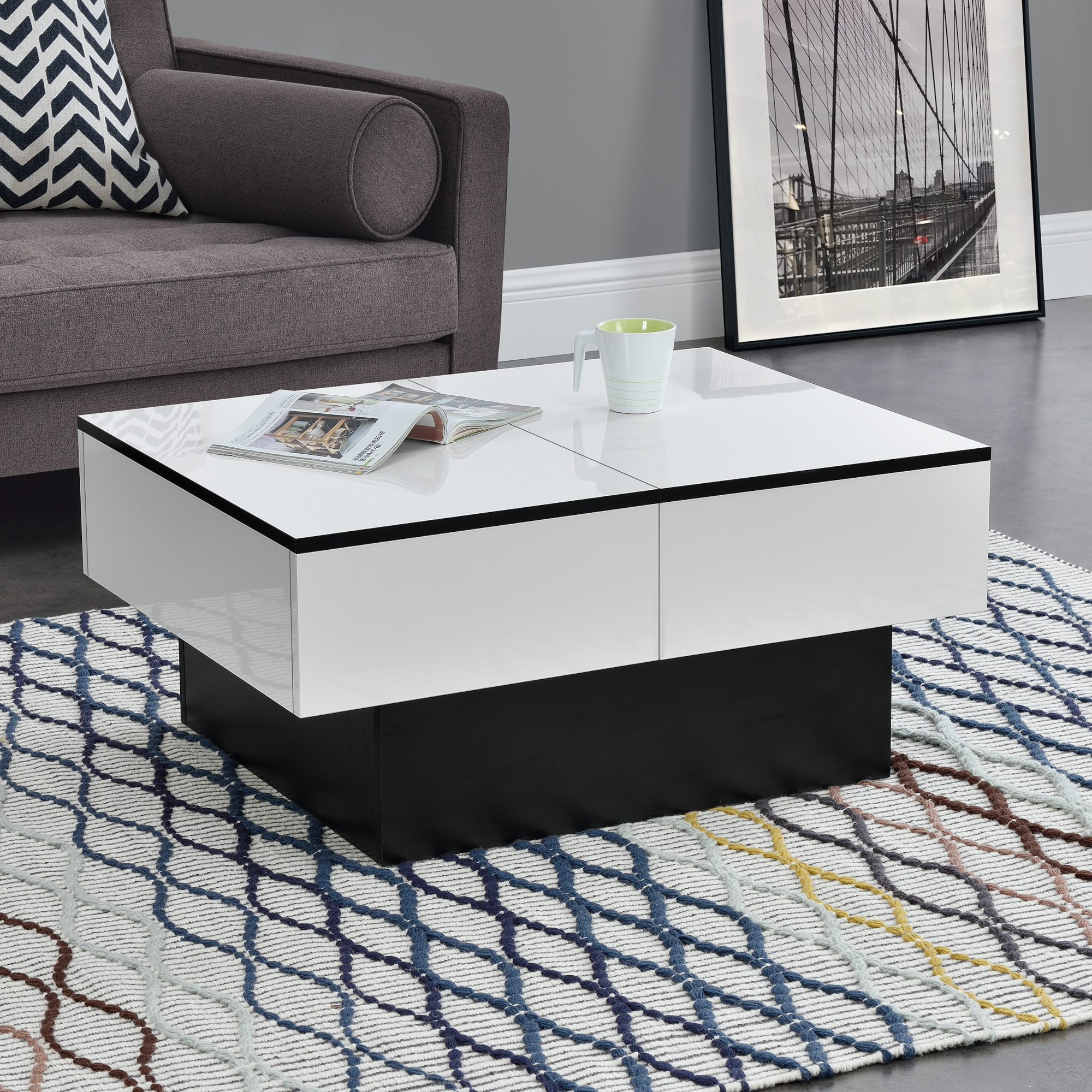 foto del prodotto tavolino centrale lens da salotto con piano scorrevole 36 x 80 x 60 cm bianco nero en.casa 