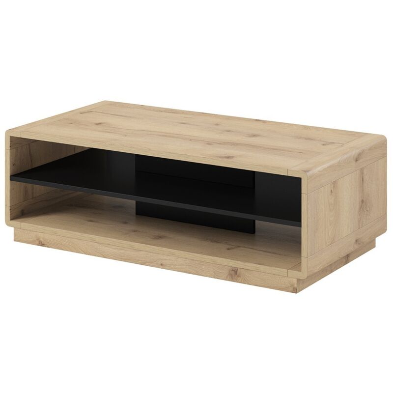 foto del prodotto tavolino color quercia e nero collezione villa con nicchie per il deposito.