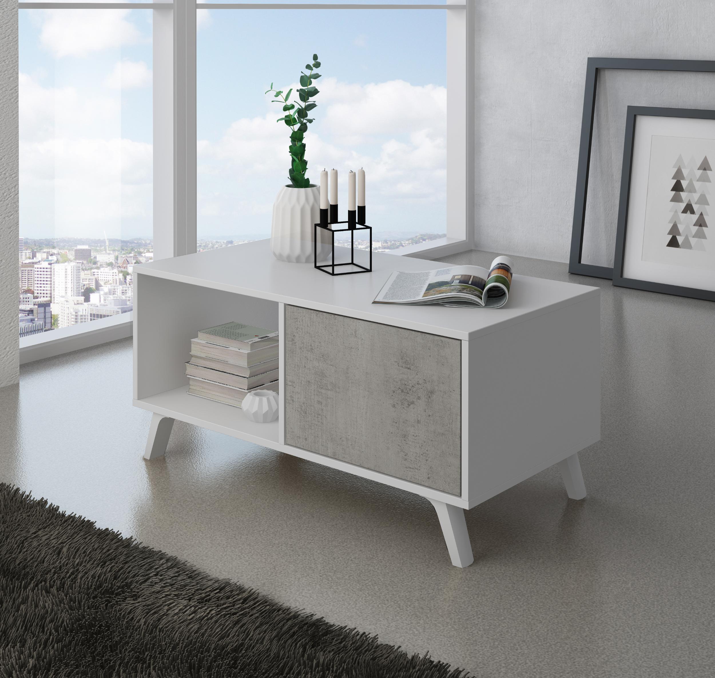 foto del prodotto tavolino con anta 92x50x45cm per sala da pranzo colore bianco opaco e grigio cemento modello wind rf662