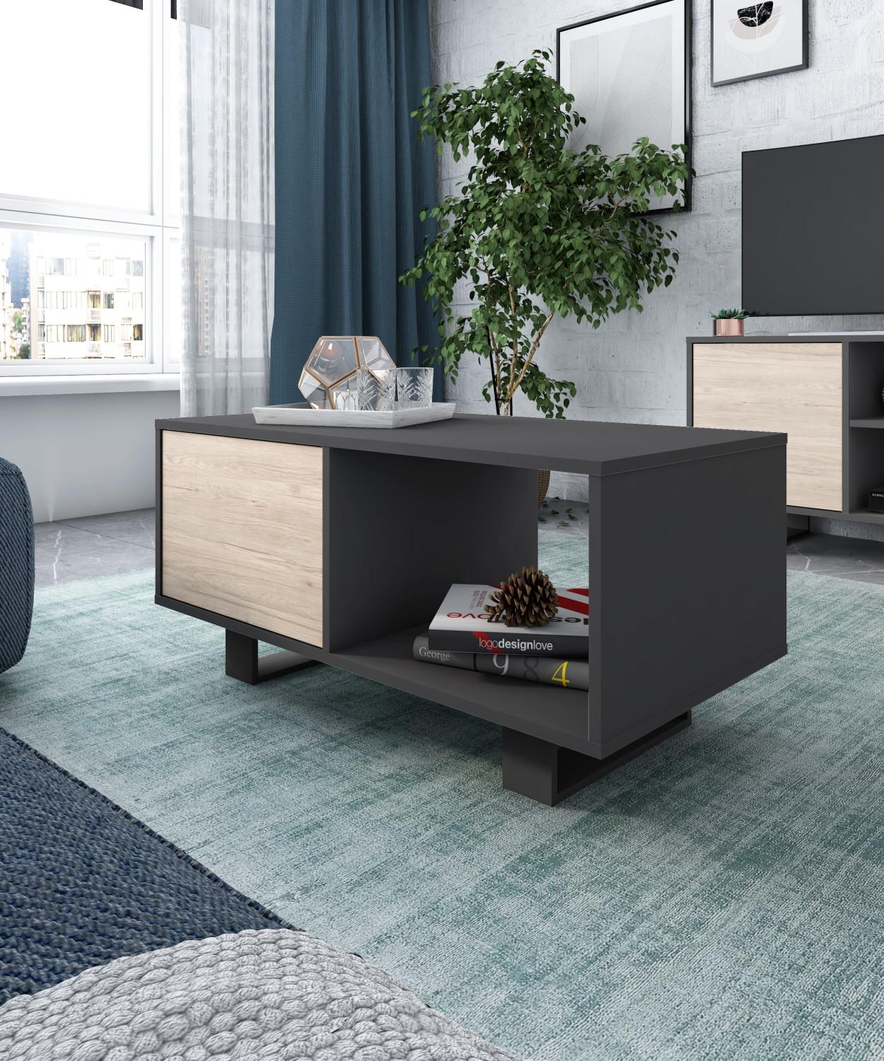 foto del prodotto tavolino con anta 92x50x45cm per sala da pranzo colore grigio antracite e colore rovere modello wind rf1010