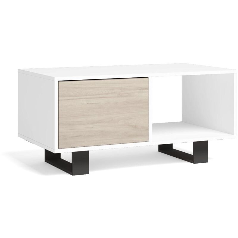 foto del prodotto tavolino con ante, sala da pranzo, modello wind, colore struttura bianco, colore porte rovere, misure 92x50x45cm altezza. skraut home