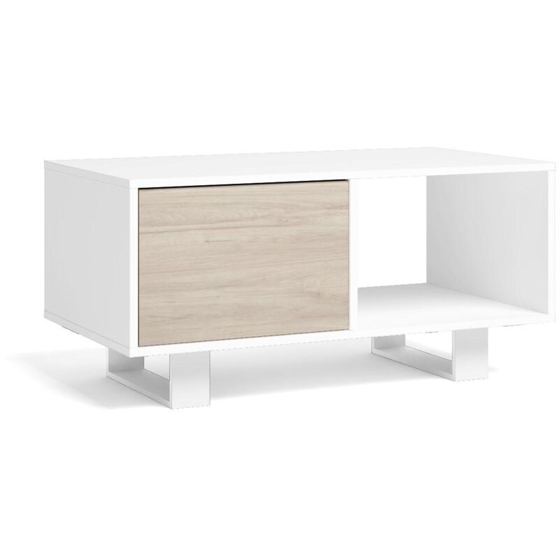 foto del prodotto tavolino con ante, sala da pranzo, modello wind, colore struttura bianco, colore porte rovere, misure 92x50x45cm altezza. skraut home
