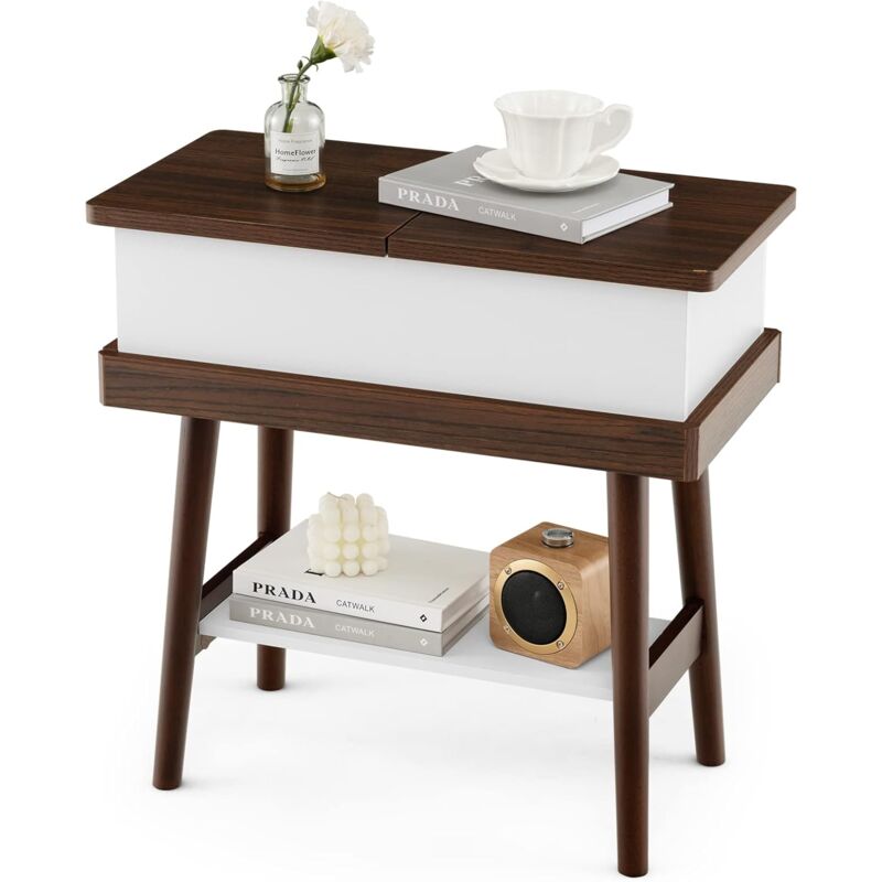 foto del prodotto tavolino con piano d appoggio apribile, tavolino da divano con ripiano, comodino in legno per soggiorno e camera da letto goplus