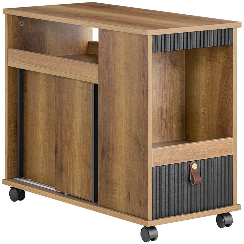 foto del prodotto tavolino con ruote da divano carrello con 1 cassetto comodino con 2 ante scorrevoli marrone 75x35x61cm fbt143 pf sobuy