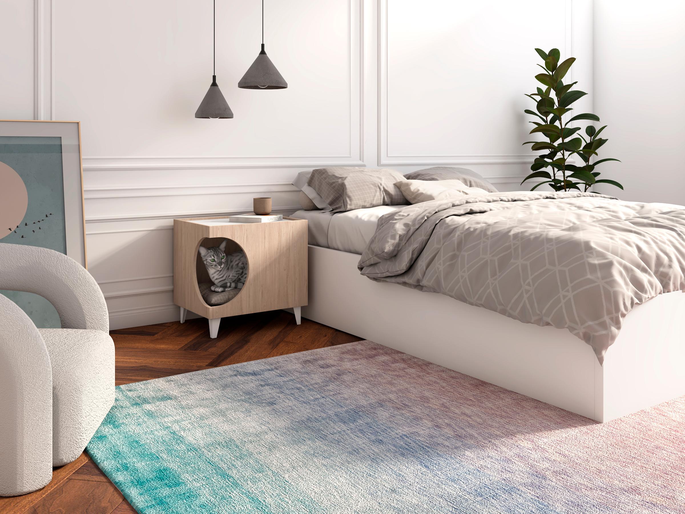 foto del prodotto tavolino cuccia per cani o animali 46,8x37x40cm, ellie, ingresso laterale per per lettiera colore rovere e bianco rf981