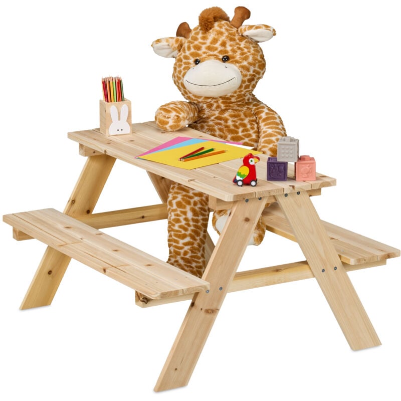 foto del prodotto tavolino da bambini con panche per esterno, tavolo da picnic giardino, 4 posti, 51x90x78 cm, legno, naturale relaxdays
