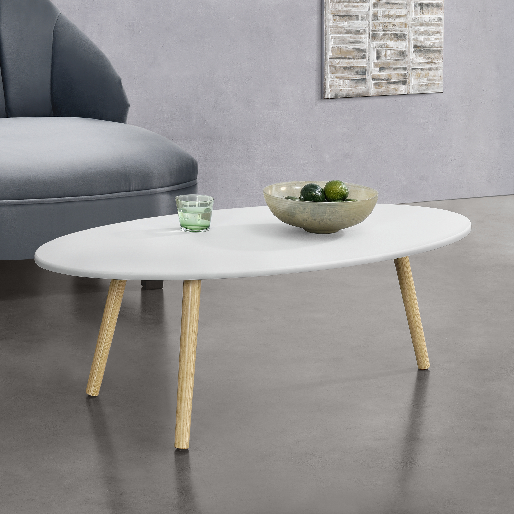 foto del prodotto tavolino da caff da divano a treppiede 109,5 x 59,5 x 39,5 cm tavolo basso da salotto con piano arrotondato bianco