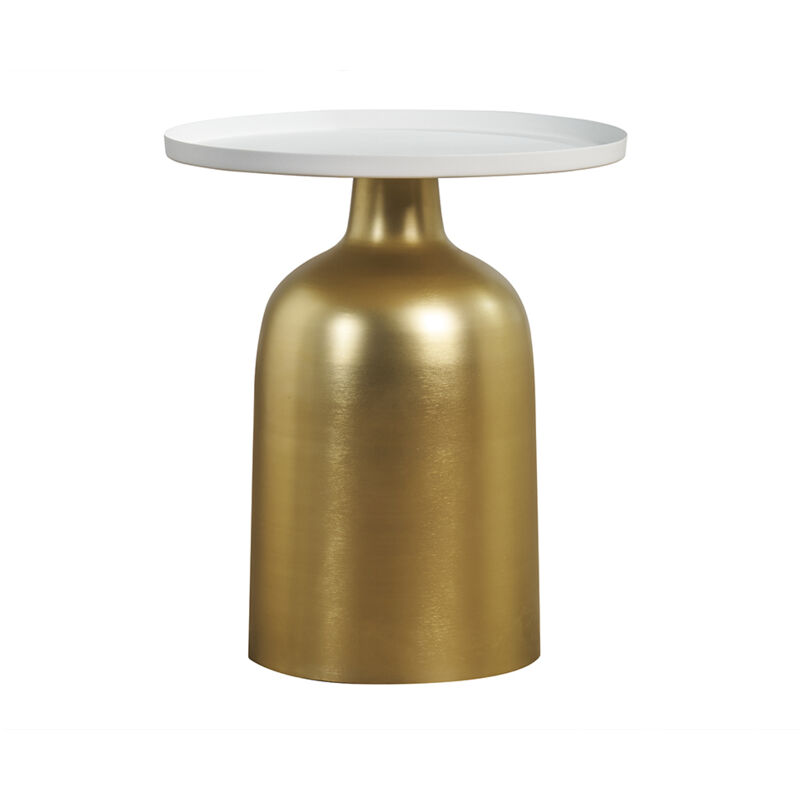 foto del prodotto tavolino da caff design rotondo in metallo dorato e ripiano bianco opaco ramses