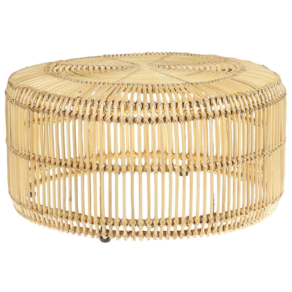 foto del prodotto tavolino da caff in legno chiaro rattan 84 cm struttura in ferro a forma di tamburo per esterni interni boho rustico