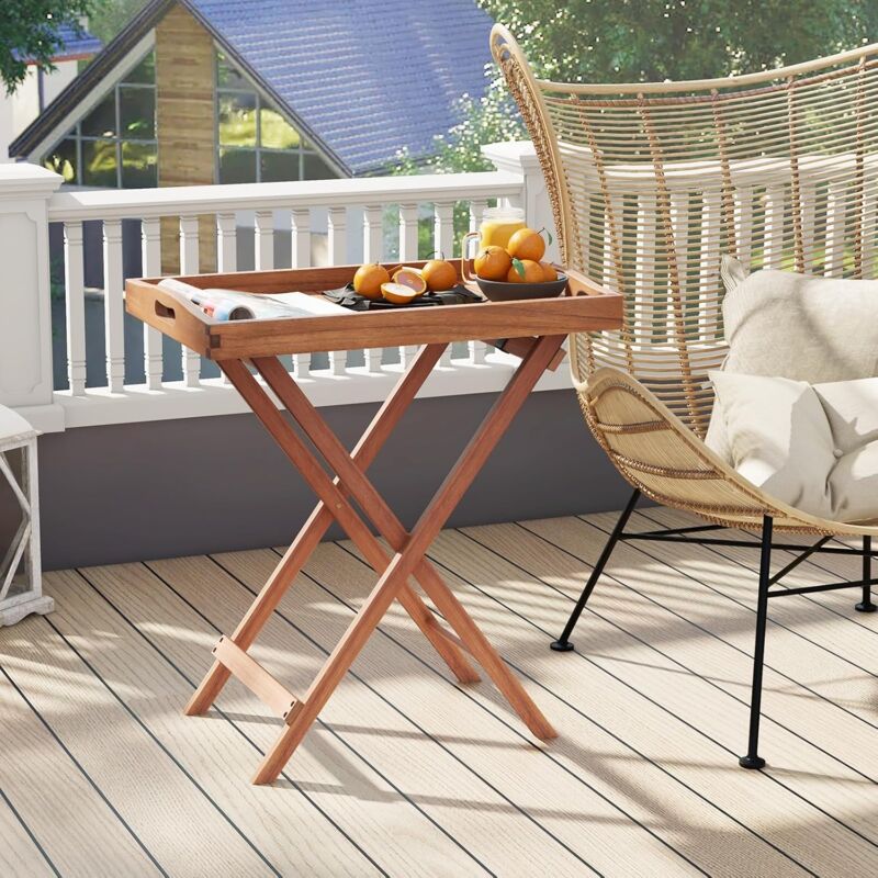 foto del prodotto tavolino da caff in legno massiccio, tavolino laterale da giardino, con ripiano extra, design a doghe, aspetto moderno per salotto, giardino,