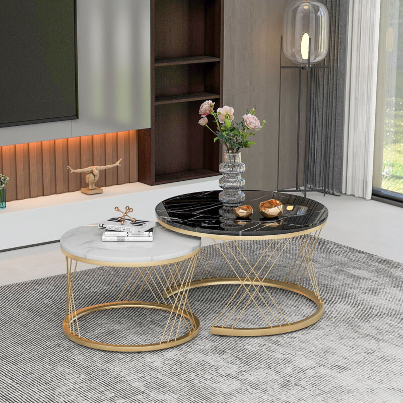 foto del prodotto tavolino da caff moderno a incastro, set di tavolini da caff impiallacciati in marmo, set di 2, struttura color oro, nero