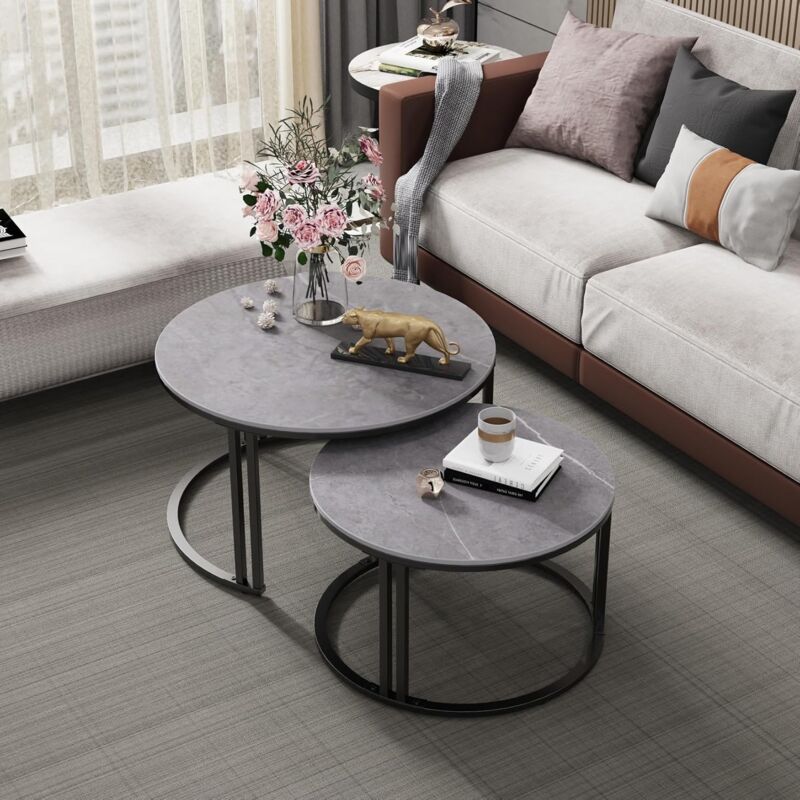 foto del prodotto tavolino da caff per soggiorno rotondo marmo set di 2 tavolini sovrapponibili grigio diametro 70cm 57cm