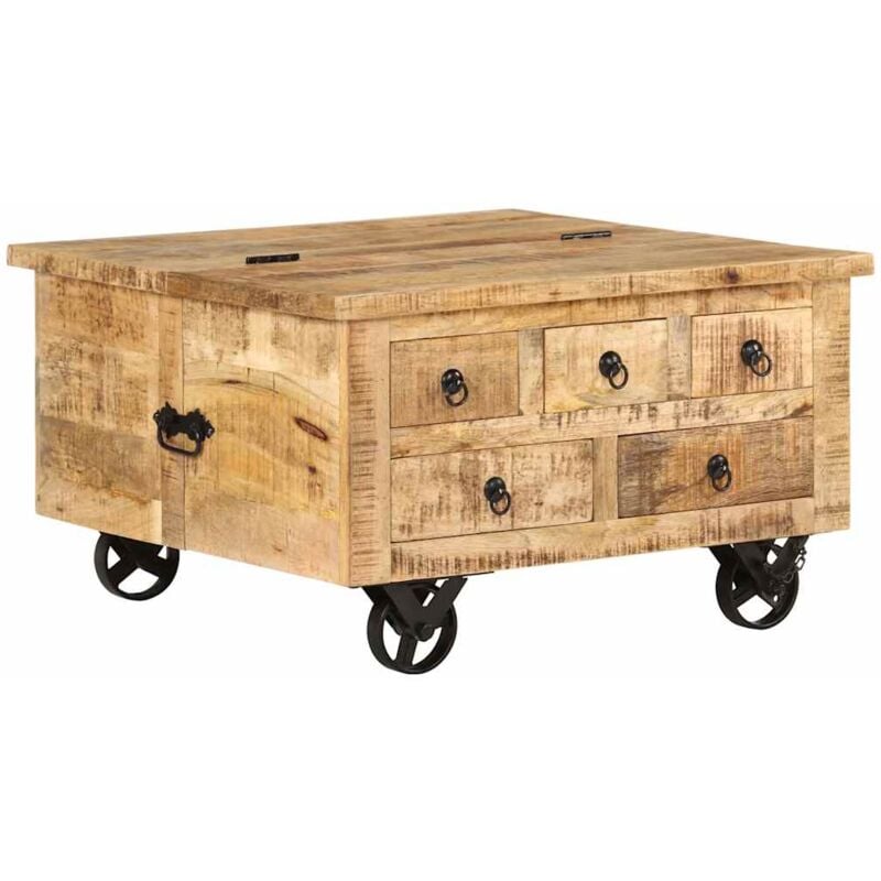 foto del prodotto tavolino da caff stile vintage in legno grezzo di mango con cassetti e ruote