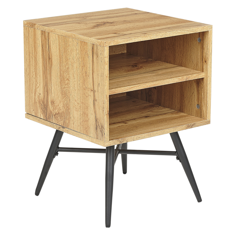 foto del prodotto tavolino da comodino in mdf legno chiaro con due ripiani aperti, pezzo minimalista e contemporaneo per la camera da letto