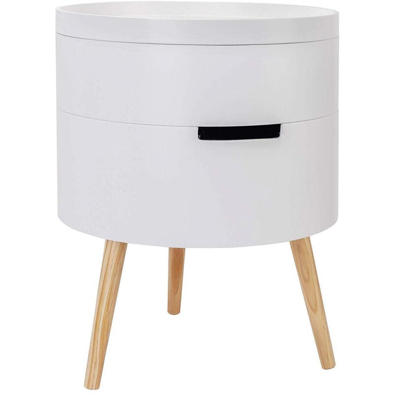 foto del prodotto tavolino da comodino rotondo di design con spazio bianco per riporre oggetti